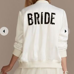 White sequin bride bomber jacket with black letters.